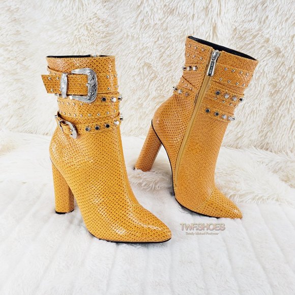 Final Sale Strap Top Studded 4" Chunky Heel Ankle Boots - Picture 3 of 15